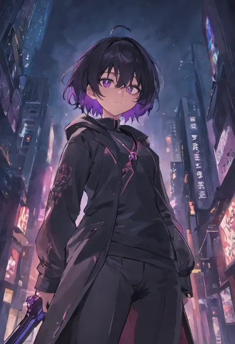 {{{tmasterpiece}}}，{{{HighestQuali}}}，{{{A high resolution}}}，{{{Highest image quality}}}，Black hair, Purple eyes, assassin, black clothing, assassin clothing, handsome man, smiling, two swords on its back,  Midnight city background, 48 years old, smug fac...