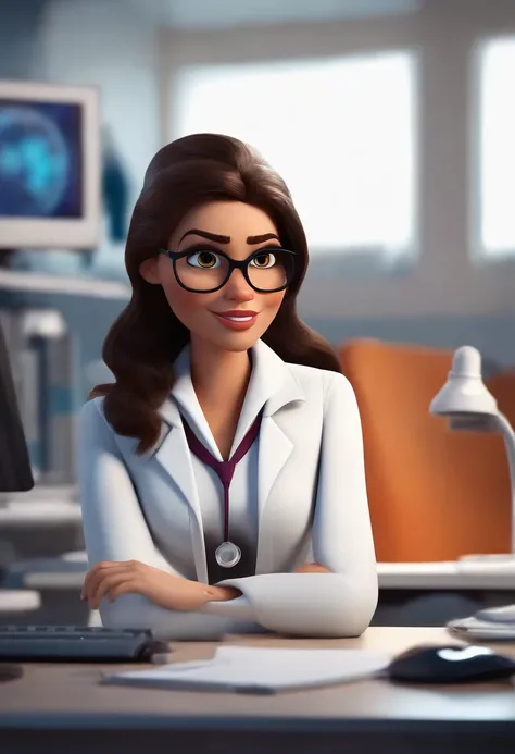 Pixar style image with 3D character white glasses brunette woman straight hair big black in white lab coat working in front of computer in office, Maquiagem Disney,Pescador, bonitinho, sorridente ,Close-up, Pixar, Disney, Cinema lighting,