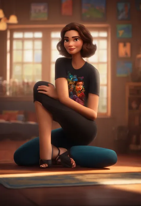 filme Marketing 2023 estilo filmes Pixar, Com nome "N - Marketing", poster, With short, lighter brunette hair and a black t-shirt in front of her crossed arms. Estilo Pixar e disney