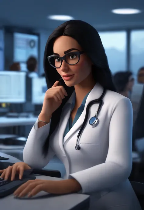 Pixar style image with 3D character white glasses white woman big black straight hair in white lab coat working in front of computer in office, Maquiagem Disney,Pescador, bonitinho, sorridente ,Close-up, Pixar, Disney, Cinema lighting,