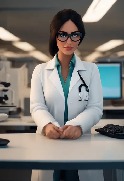 Pixar style image with 3D character white glasses white woman big black straight hair in white lab coat working in front of computer in office, Maquiagem Disney,Pescador, bonitinho, sorridente ,Close-up, Pixar, Disney, Cinema lighting,