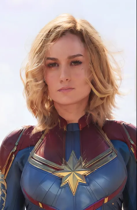 brie larson, medium hair, full body portrait, wearing captain marvel outfit, sexy, cleavage, breasts showing