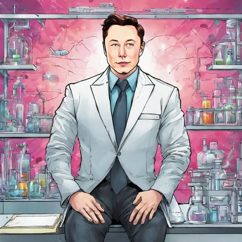 Elon Musk in laboratorium experimenting but in manga panel.