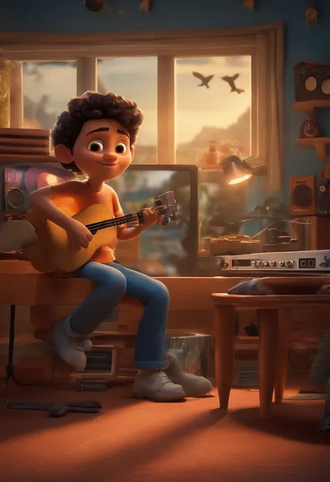 um homem, em breve, cavanhaque grisalho ,gordinho calvo  olhos castanhos, com fones de ouvido, A music studio in the background,chuvendo disco de vinil Imagem no estilo Pixar, Estilo de filme animado 3D, Disney, camiseta preta