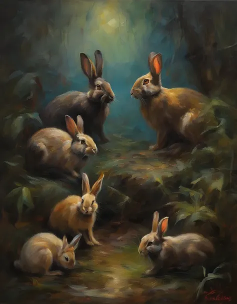 Rabbits group, horror jungle scenery, dark, creepy