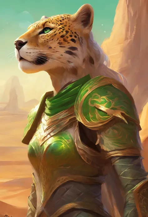 anthropomorphic, Jaguar, Female, green colored eyes, Hair tied in a ponytail, Brown, In Dragon Armor, portraite of a, against the backdrop of the desert, grinning, Looking into the distance,