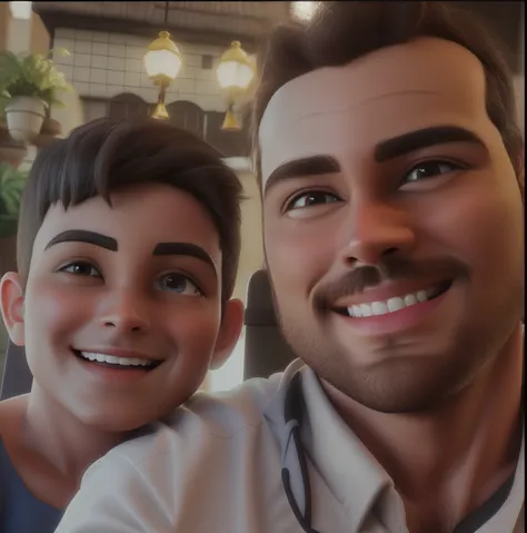 Pai e filho sorridentes. Direct your gaze to the camera, colocar sobrancelha de felizes. Criar essa imagem em 3d Disney Pixar, alta qualidade, melhor qualidade