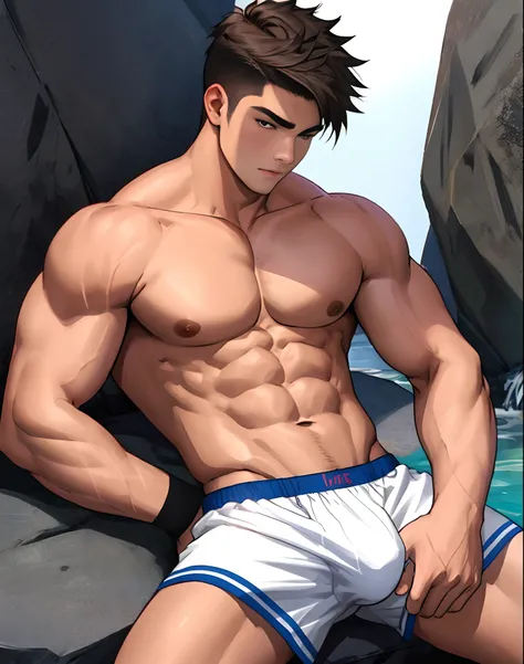 Hot muscular teen with 10 pack sharp rock hard abs posing seductively in his boxers with bulge, best 4k quality,