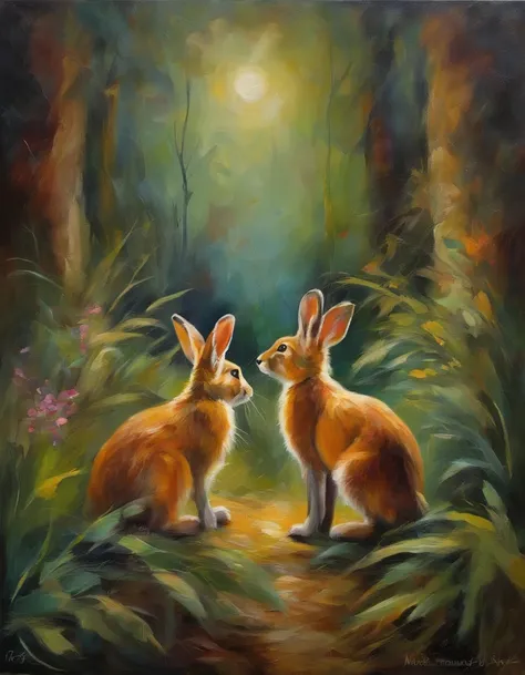 Rabbits group, fox in behind, night jungle scenery