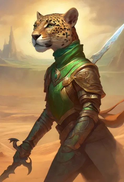 anthropomorphic, Jaguar, Female, green colored eyes, Hair tied in a ponytail, Brown, In Dragon Armor, portraite of a, against the backdrop of the desert, grinning, Looking into the distance, Holds a sword in his paw