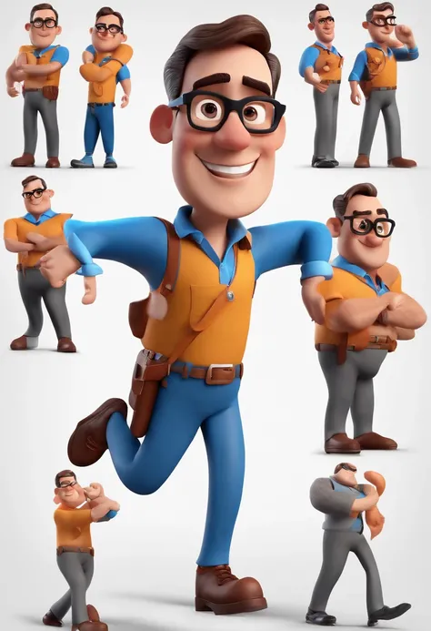 Cartoon character of a man with black glasses and a blue shirt, animation character, Caractere estilizado, animation style rendering, 3D estilizado, Arnold Maya render, 3 d render stylized, toon render keyshot, Personagem 3D, Personagem 3D, 3d rendering st...