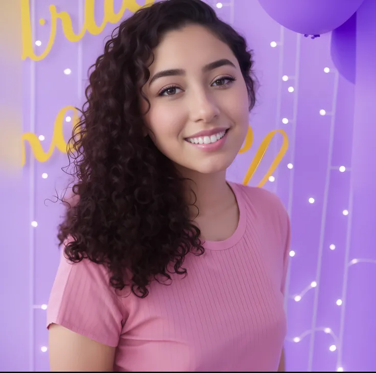 Woman with curly hair and pink shirt standing in front of a purple backdrop, Violeta Myers, foto de perfil headshot, Alanis Guillen, Kailee Mandel, taken in the early 2020s, inspirado em Izzy Medrano, foto da mulher jovem, foto do perfil, julia fuentes, re...