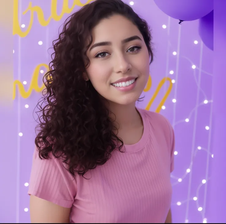 Woman with curly hair and pink shirt standing in front of a purple backdrop, Violeta Myers, foto de perfil headshot, Alanis Guillen, Kailee Mandel, taken in the early 2020s, inspirado em Izzy Medrano, foto da mulher jovem, foto do perfil, julia fuentes, re...