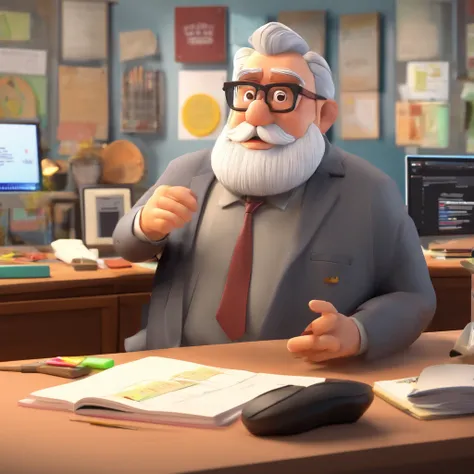 Crie um cartaz inspirado na Disney Pixar com o personagem sendo o pastor Rubens Janier, A gray-haired man wearing glasses, in an office with a computer on the desk. The man has beard and is chubby.