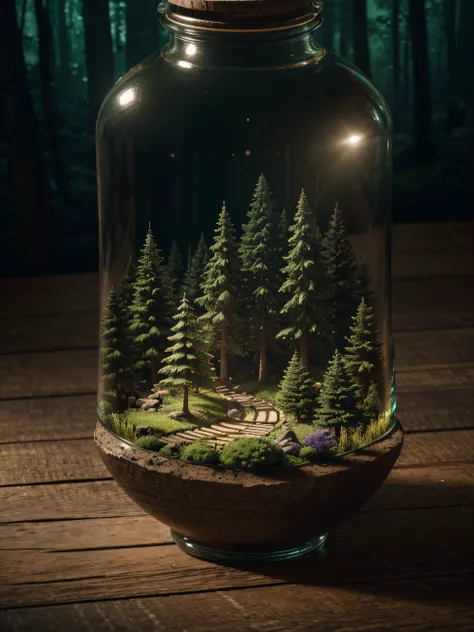 (an intricate forest minitown landscape trapped in a bottle), atmospheric oliva lighting, on the table, 4k uhd, dark vibes, hype...