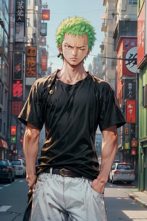 1man, minimalism, zoro roronoa, eiichirō oda, simple, wearing tshirt and jeans, black tshirt, city from background, scar across ...