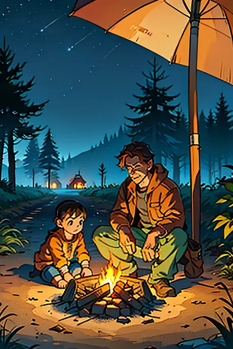 A husband, wife and a child sitting round a small camp fire, homeless, wearing worn out clothes, frowning, background is autumn dead trees, railroad tracks, mood is sad, degrading poverty, night time light, character design.