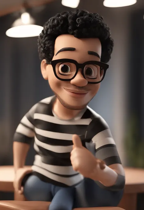 Bruno Mars cartoon of a man with black glasses with a low beard and a black striped shirt with white horizontally, animation character, Caractere estilizado, animation style rendering, 3D estilizado, Arnold Maya render, 3 d render stylized, toon render key...