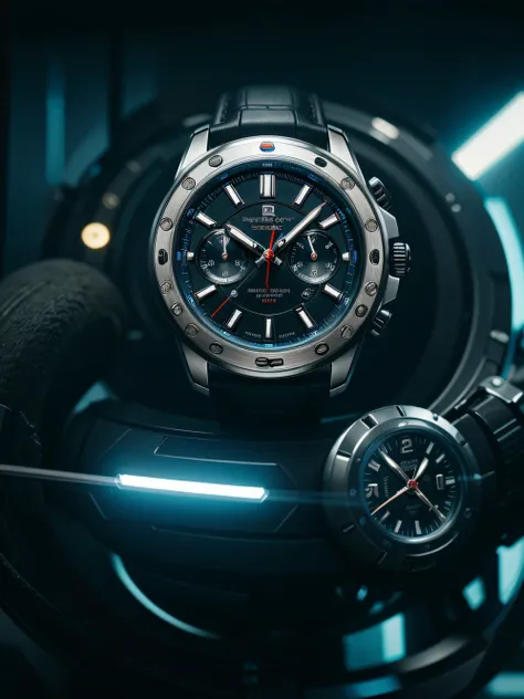 a mechanical wristwatch, exposed mechanisms, futuristic, product lighting, cyberpunk, heavy bokeh depth of field, advertisement Photography