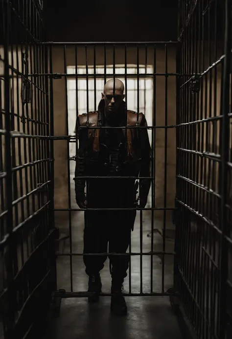 Arafed man standing in a prison cell with a caged door, Die Antwoord Videoclipe, ainda do filme viu, filme ainda de ciborgue, still from a music video, Ainda de Alita, carbono alterado, Filme ainda de ciborgue asteca, roupas de couro sob a armadura, mancha...