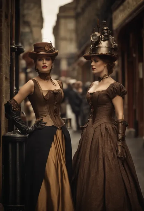 there are two robots that are standing in the street, in detailed steampunk dress, cinematic style photograph, two women, inspired by Jean Tabaud, three women, terminals, fishpeople, 2008 cinematography, iain mccaig, humanized, 5 0 0 px models, promotional...