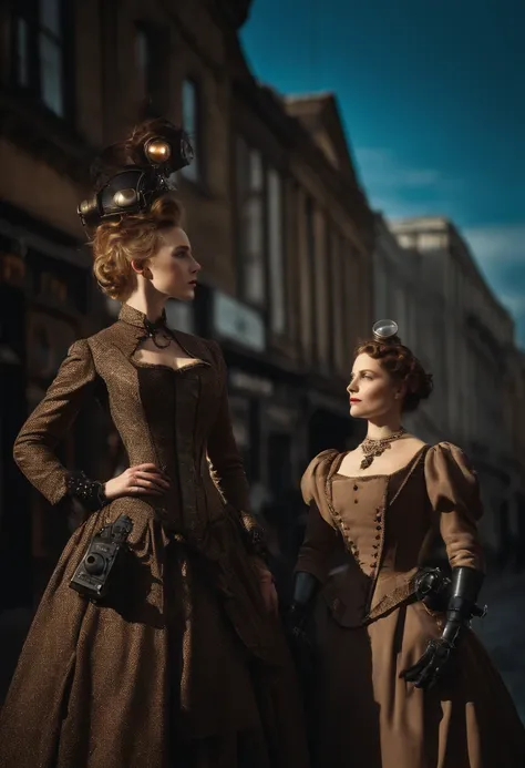 there are two robots that are standing in the street, in detailed steampunk dress, cinematic style photograph, two women, inspired by Jean Tabaud, three women, terminals, fishpeople, 2008 cinematography, iain mccaig, humanized, 5 0 0 px models, promotional...