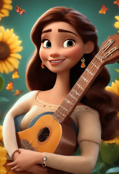 Create a Disney PIXAR-style 3D poster. ((centro da imagem uma mulher de pele chocolate negra), Shes playing the guitar, TWM a rosary of Mary on her wrist and a tattoo of butterflies. A menina tem pele morena chocolate, cabelos preto escuro, olhos pretos, c...