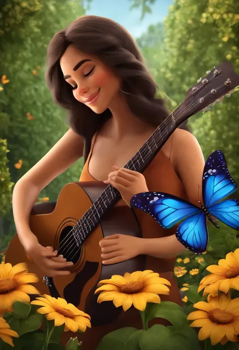 Create a Disney PIXAR-style 3D poster. ((centro da imagem uma mulher de pele chocolate negra), Shes playing the guitar, TWM a rosary of Mary on her wrist and a tattoo of butterflies. A menina tem pele morena chocolate, cabelos preto escuro, olhos pretos, c...