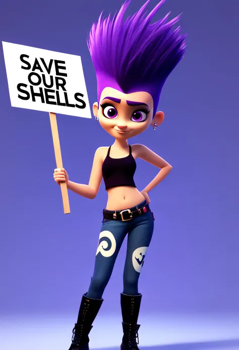 (PIXAR STYLE:1.5) sexy punk girl with a purple mohawk holding a sign, text as "SAVE OUR SHELLS",style_bebas