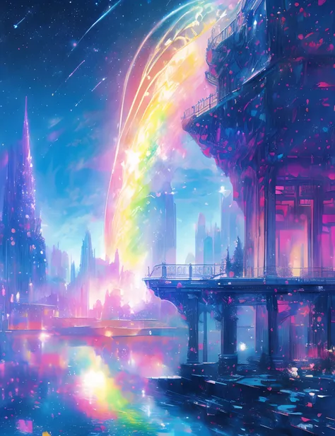 Colorful Metropolitan Museum of Art、River painting with stars and moon in rainbow sky、the met、Shining skyscrapers、Shine across the board、Skyscrapers、Concept art inspired by Mitsuoki Tosa、pixiv contest winners、top-quality、Fantasyart、beautiful anime scene、Br...