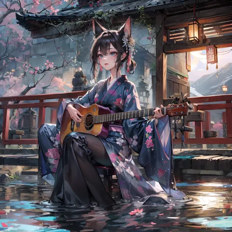 Cinematic lighting,super detailed skin、Beautiful detailed eyes、Best Quality,Perfect Anatomy,(Alternative、dim colors, Soothing tones:1.3),(Detailed beautiful facial features:1.3)Girl in a fancy purple kimono、 （Girl Playing Guitar:1.6）Inside the temple where...