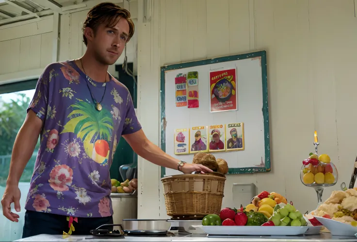 ryan gosling point at fruit,looking at camera