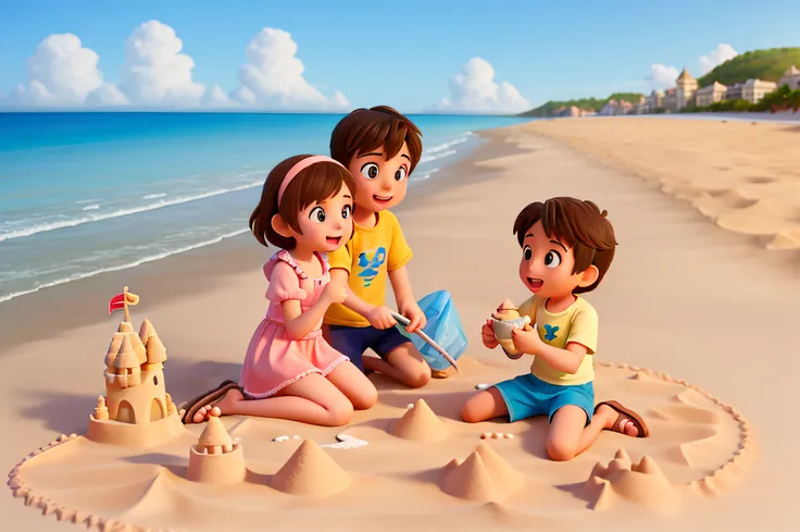 a girl and a boy making sand castles on the beach