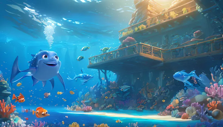 (best quality,4k,8k,highres,masterpiece:1.2),ultra-detailed,(realistic,photorealistic,photo-realistic:1.37),office,nemo,dory,pixar film,pixar movies,pixar style,deep blue ocean,magnificent lighting,aquatic environment,beautiful underwater scene,exquisite d...