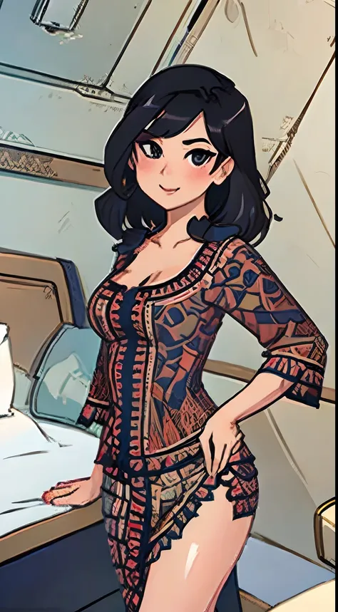 Indonesian woman in hotel room, deep cleavage, high skirt slit, unbuttoned, lace, seductive, inviting, flirty, revealing, undressing