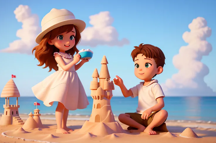 (best quality, 4k, 8k, high resolution, masterpiece: 1.2),a girl and a boy making sand castles on the beach