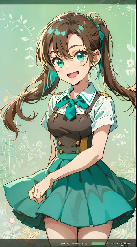 1womanl,12year old,Brown hair,Beautiful ponytail hairstyle, (Teal High Waist Skirt:1.3),, (whiteshirt:1.3), (double-breasted,Underbust:1.2), Short sleeves, buttonGap,Natural smile,small tits,a park