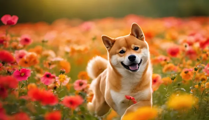 Shiba Inu dancing in a flower field