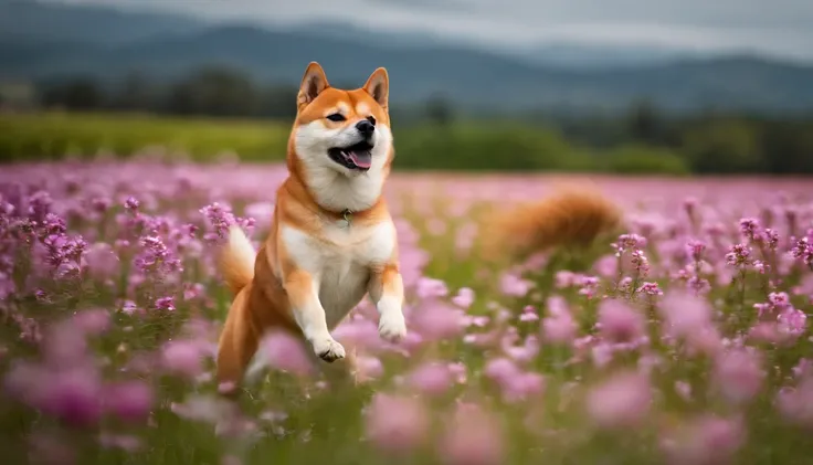 Shiba Inu dancing in a flower field