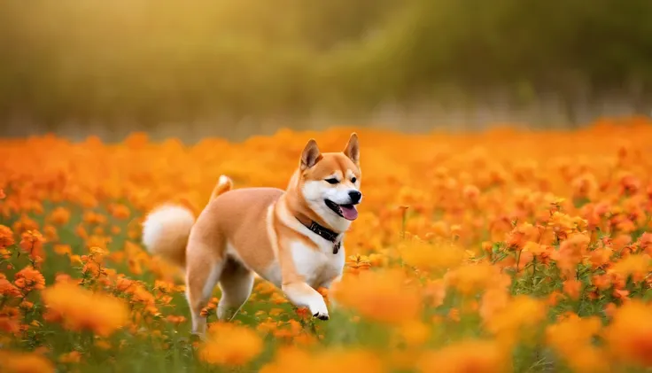 Shiba Inu dancing in a flower field