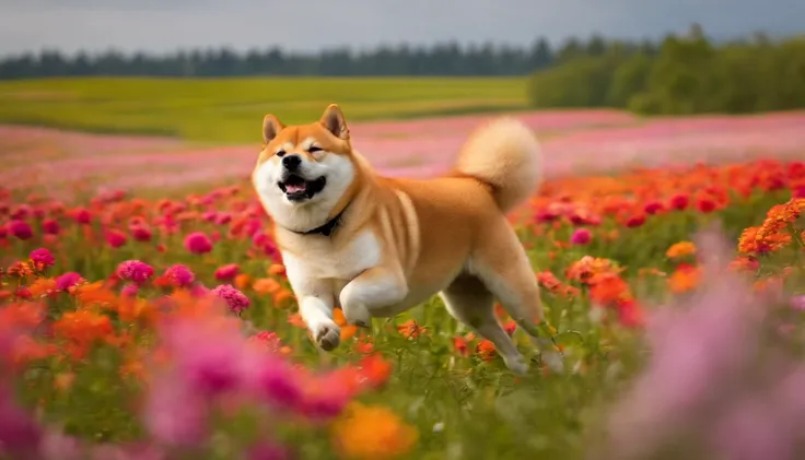 Shiba Inu dancing in a flower field