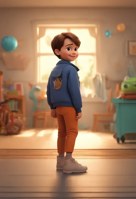 a happy cute kid standing short hair, vestindo uma fantasia espacial, , fundo branco, barnet, toon, estilo pixar, 3d, desenhos animados, rosto detalhado, asymmetrical 16k