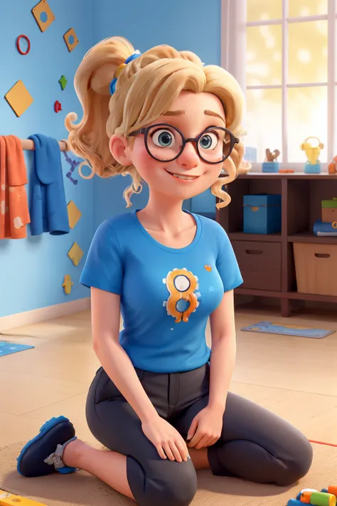 Woman psychologist with blonde ponytail, curly hair, Loiro Cacheado, bespectacled,  Blue T-shirt with colorful puzzle pieces print, Autism symbol and black pants, sitting on ground, Brinquedos,m, sala colorida