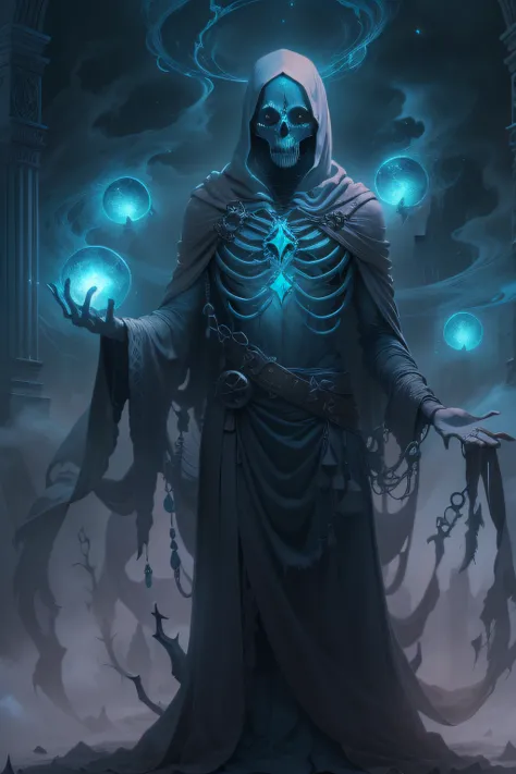 "an ethereal and haunting portrayal of a lich, bathed in eerie moonlight, emanating an aura of darkness, with glowing blue eyes and raised skeletal hands, surrounded by swirling mist and floating orbs of magical energy." ,items and skill images on slides