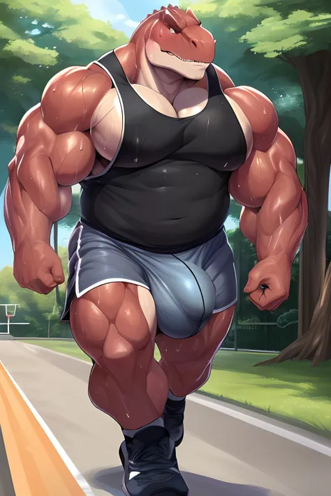 ((By Syuro)), ((dinosaur, scales, snout, Muscular male, big pecs, huge pecs, man boobs, moobs, hyper muscle, nipple bulge, wide shoulders, purple scales, scales, detailed muscles, detailed)), ((determined expression, jogging, running, ((sweat, sweat drops,...