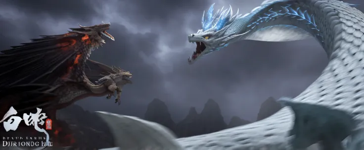 The scene features a dragon and a dragon-like creature, Frost Dragon, dragon flying in the background, battle with dragon, CG art, lightning dragons attack, Dragon in the background, dragons flying in the sky, fantasy movie still, .CGI, dragons flying arou...