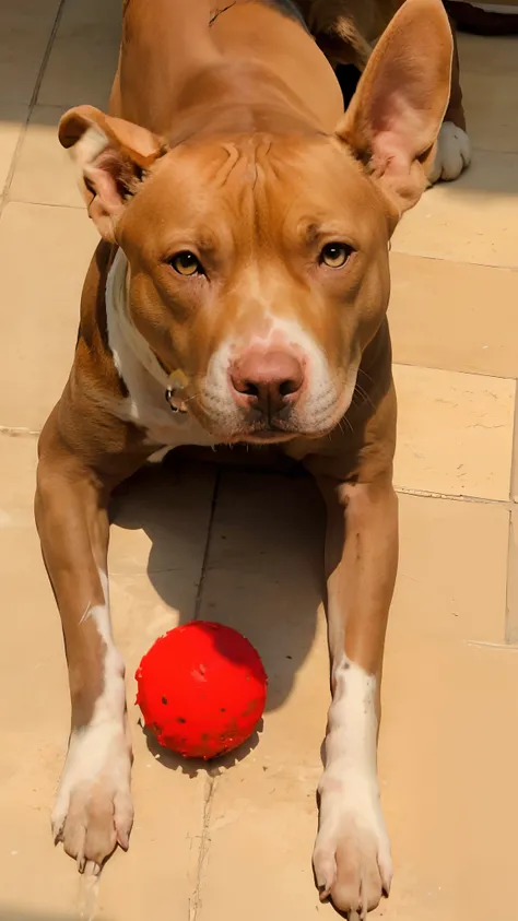 A Pitbull dog playing with his ball