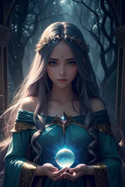 Stunning fantasy landscape, a beautiful girl long flowing hair, holding a crystal ball, symmetrical face, symmetrical eyes, looks at the camera, mystical magical fantasy enchanted ethereal, cinematic shot, cinematic scene, stunning, breathtaking, a sense o...