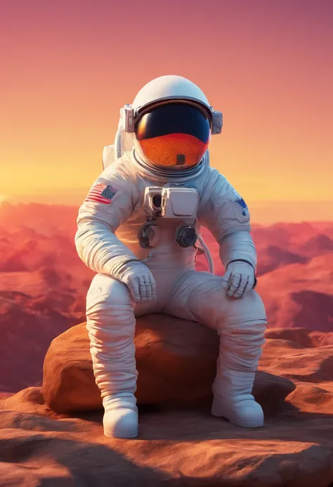 An astronaut sitting on a rock in a relaxed position, com um urso, in circle, com fundo preto e estilo de vetor de arte, in a vibrant and characteristic sunset, with detailed and sharp outline, como um logotipo de camiseta no estilo de arte