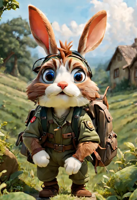 an adventurous rabbit through the countryside with a backpack on his back